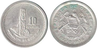 GUATEMALA - K-256.1 - 1O CENTAVOS 1956 , SC  plata