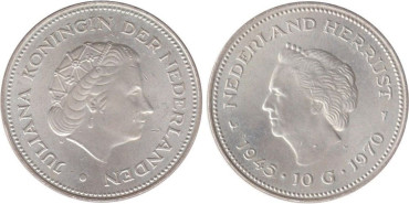 HOLANDA - K-195 - 10 GULDEN 1970 , SC  plata