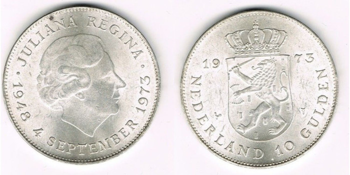 HOLANDA - K-196 - 10 GULDEN 1973 , EBC  plata