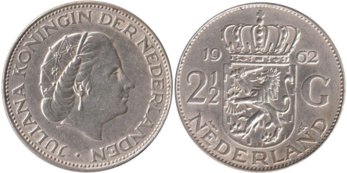 HOLANDA - K-185 - 2 1/2 GULDEN 1962 , EBC+  plata