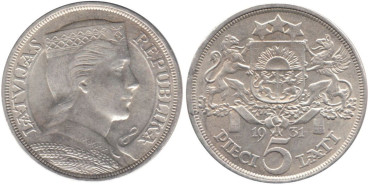 LETONIA - K-09 - 5 LATIS 1931 , SC  plata