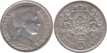 LETONIA - K-09 - 5 LATIS 1931 , MBC+  plata