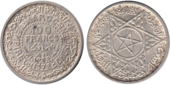 MARRUECOS - K-052 - 100 FRANCOS 1953 , SC  plata