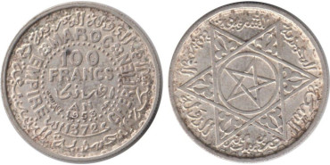 MARRUECOS - K-052 - 100 FRANCOS 1953 , SC  plata