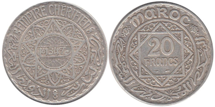 MARRUECOS - K-039 - 20 FRANCOS 1347, MBC+  plata