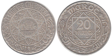 MARRUECOS - K-039 - 20 FRANCOS 1347, MBC+  plata