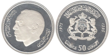 MARRUECOS - K-065, 50 DIRHAM 1975, Proof,  plata