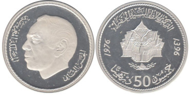 MARRUECOS - K-068, 50 DIRHAM 1976, proof,  plata