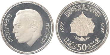 MARRUECOS - K-068, 50 DIRHAM 1977, proof,  plata