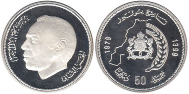 MARRUECOS - K-076, 50 DIRHAM 1979, PROOF,  plata