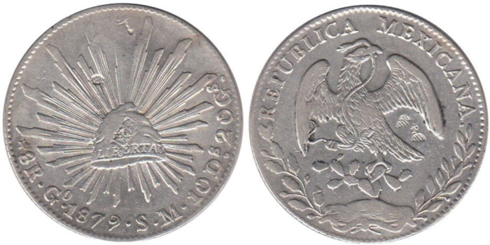 MEXICO - K-377 - 8 REALES 1879 SM, GUANAJUATO , MBC+  plata resellada