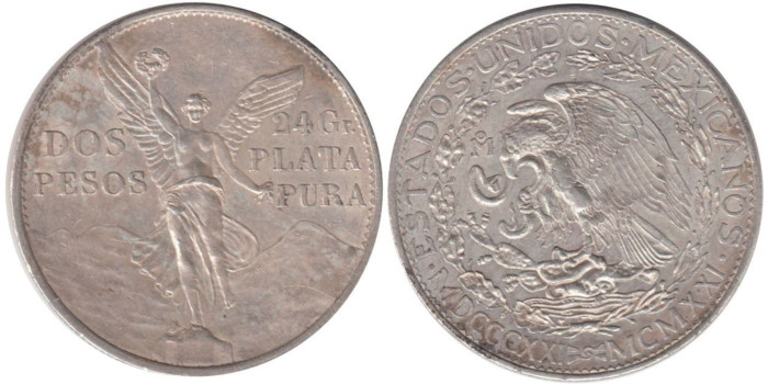 MEXICO - K-462 - 2 PESO 1921 , MBC  plata