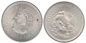 MEXICO - K-465 - 5 PESOS CUAUHTEMOC. 1947/8. PLATA