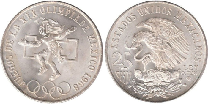 MEXICO - K-479 - 25 PESO 1968 , SC  plata