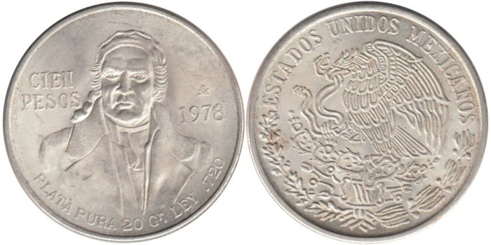 MEXICO - K-483 - 100 PESO 1978 , SC  plata