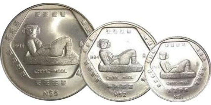 MEXICO - K-572-73-74  - 1,2 y 5  N. pesos 1994 , SC plata