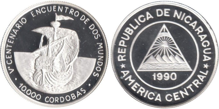 NICARAGUA - K-67- 10.000 Cordobas 1990 proof  plata