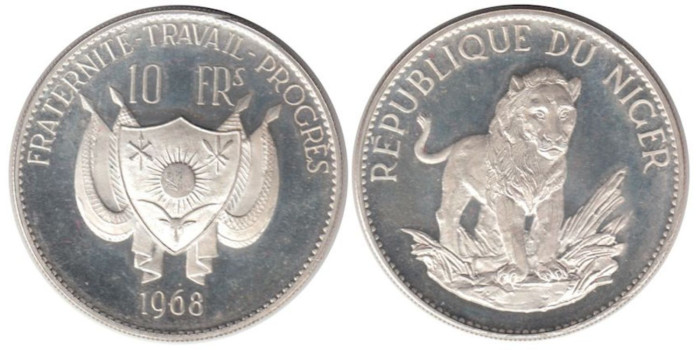 NIGER K-008.1, 10 Francos 1968 Proof plata