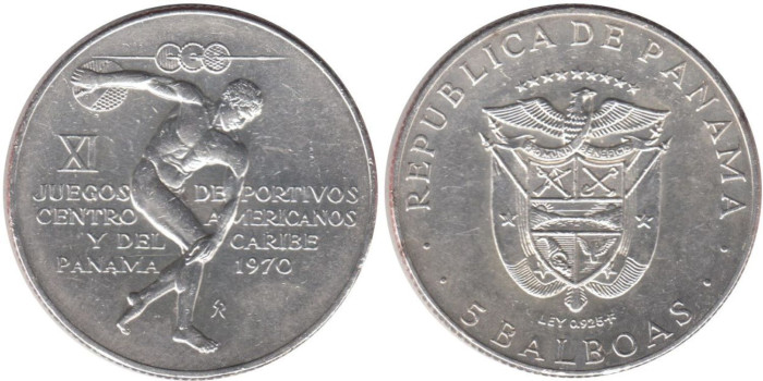 PANAMA - K-028 - 5 BALBOAS 1970 , SC  plata