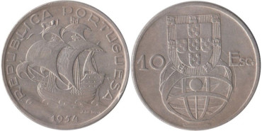 PORTUGAL - K-586 - 10 ESCUDOS 1954 ,MBC  plata