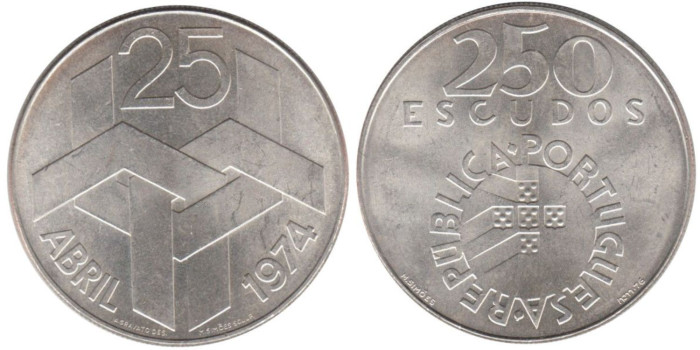 PORTUGAL - K-604 - 250 ESCUDOS 1974, SC plata