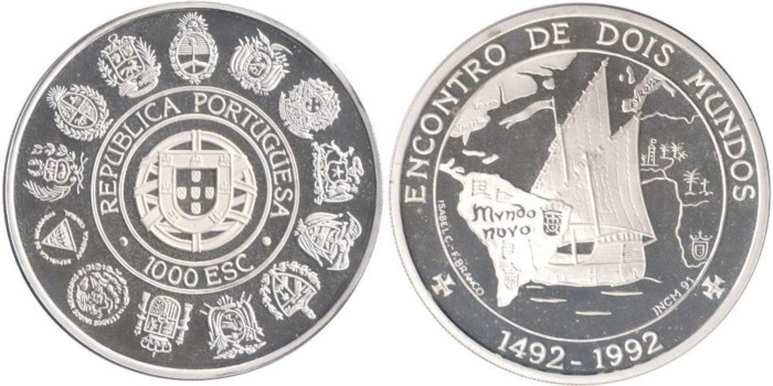 PORTUGAL - K-657a - 1000 ESCUDOS 1991 ,Proof plata