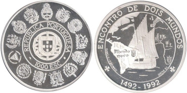 PORTUGAL - K-657a - 1000 ESCUDOS 1991 ,Proof plata