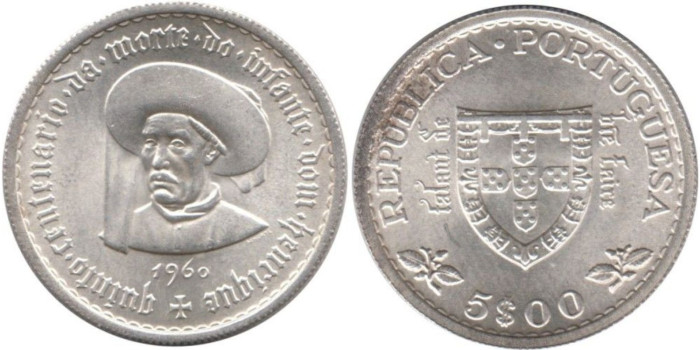 PORTUGAL - K-587 - 5 ESCUDOS 1960 ,SC  plata