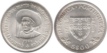 PORTUGAL - K-587 - 5 ESCUDOS 1960 ,SC  plata