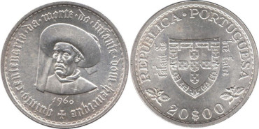 PORTUGAL - K-589 - 20 ESCUDOS 1960 ,SC  plata