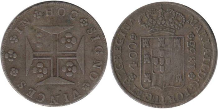 PORTUGAL - K-403 - 400 REIS 1833 , BC+
