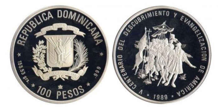 REPUBLICA DOMINICANA - K-075 - 100 PESOS 1989 , PROOF  plata