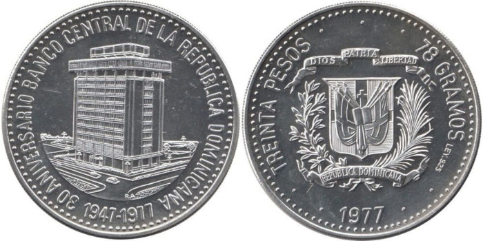 REPUBLICA DOMINICANA - K-046 - 30 PESOs 1977 , SC  plata, 78 gm.