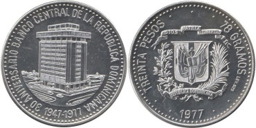 REPUBLICA DOMINICANA - K-046 - 30 PESOs 1977 , SC  plata, 78 gm.