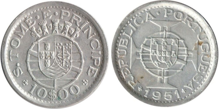 SANTA TOME Y PRINCIPE - K-014 - 10 ESCUDOS 1951 , EBC  plata