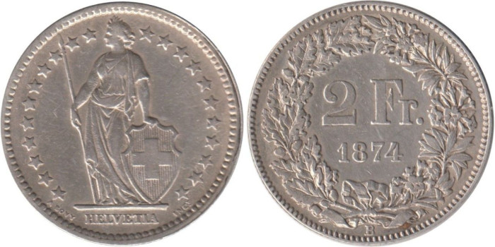 SUIZA - K-021 - 2 FRANCOS 1874 , MBC+  plata