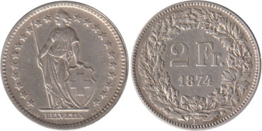 SUIZA - K-021 - 2 FRANCOS 1874 , MBC+  plata