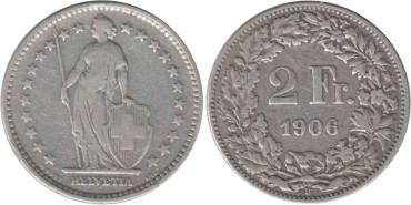 SUIZA - K-021 - 2 FRANCOS 1906 , BC  plata