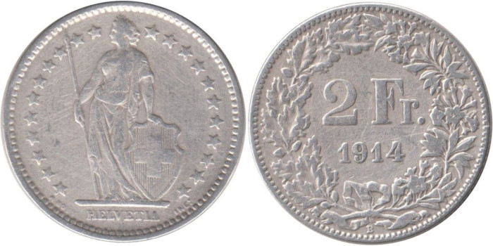 SUIZA - K-021 - 2 FRANCOS 1914 , MBC-  plata