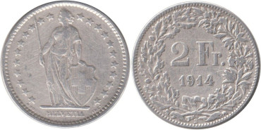 SUIZA - K-021 - 2 FRANCOS 1914 , MBC-  plata