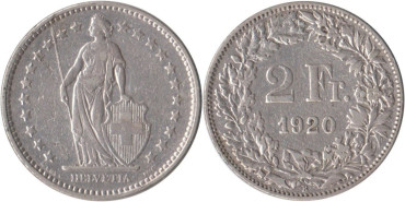 SUIZA - K-021 - 2 FRANCOS 1920 , MBC-  plata