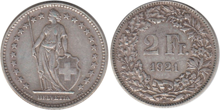 SUIZA - K-021 - 2 FRANCOS 1921 , MBC  plata