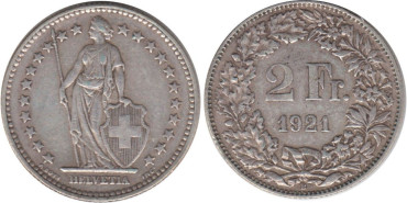 SUIZA - K-021 - 2 FRANCOS 1921 , MBC  plata