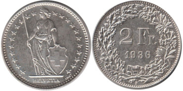 SUIZA - K-021 - 2 FRANCOS 1936 , SC  plata