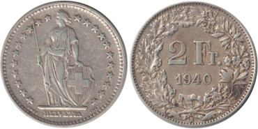 SUIZA - K-021 - 2 FRANCOS 1940 , MBC  plata