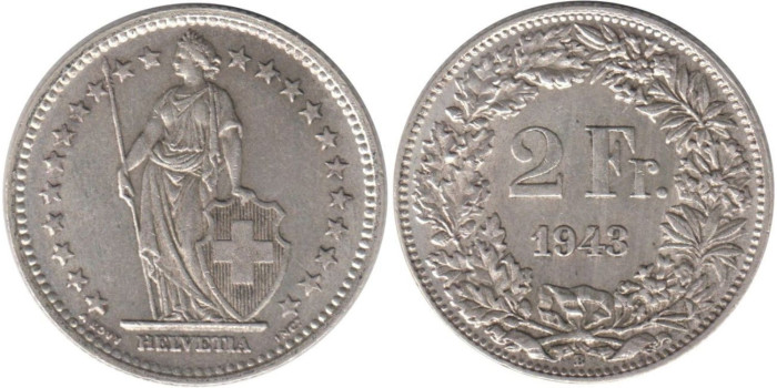 SUIZA - K-021 - 2 FRANCOS 1943 , EBC  plata