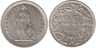 SUIZA - K-021 - 2 FRANCOS 1943 , EBC  plata