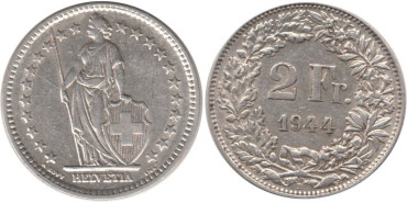 SUIZA - K-021 - 2 FRANCOS 1944 , EBC  plata
