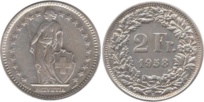 SUIZA - K-021 - 2 FRANCOS 1958 , EBC  plata