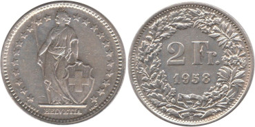SUIZA - K-021 - 2 FRANCOS 1958 , EBC  plata